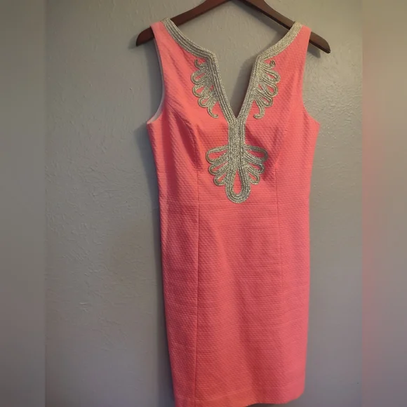 Lilly Pulitzer Janice Shift Dress Coral Reef Pink with Metallic Gold Embroidery. - Picture 3 of 13
